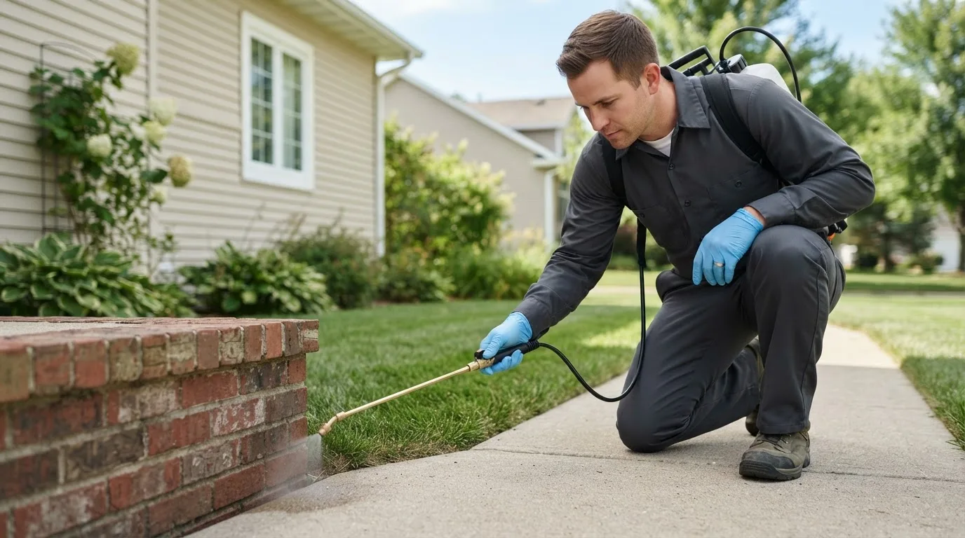 Pest control technician treating a home near Leeds, NY