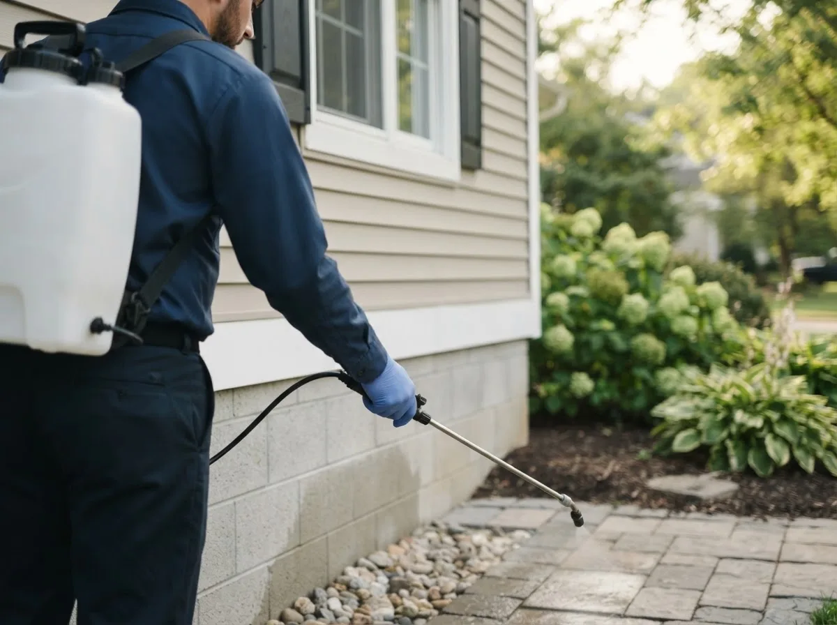 Pest control technician inspecting a home in Leeds, NY